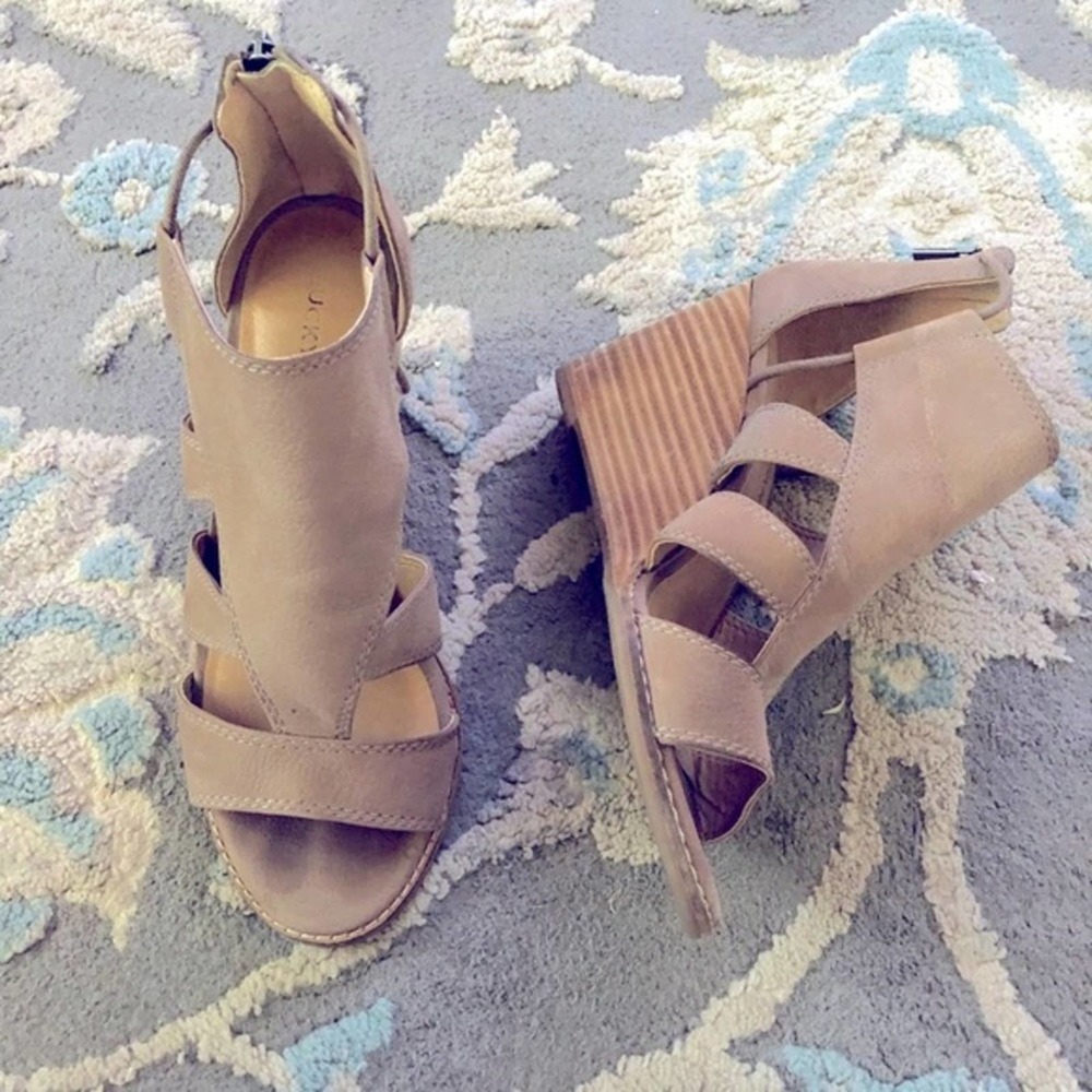 Lucky brand caged tan suede wedges US 7.5 - Picture 1 of 9